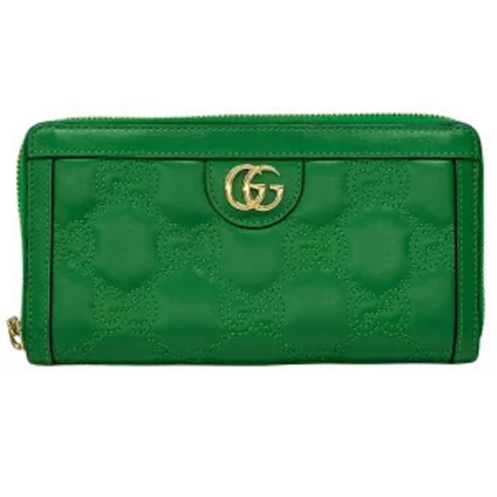 Gucci Wallet GG Matelasse Long Leather Green Round Zip Quilted